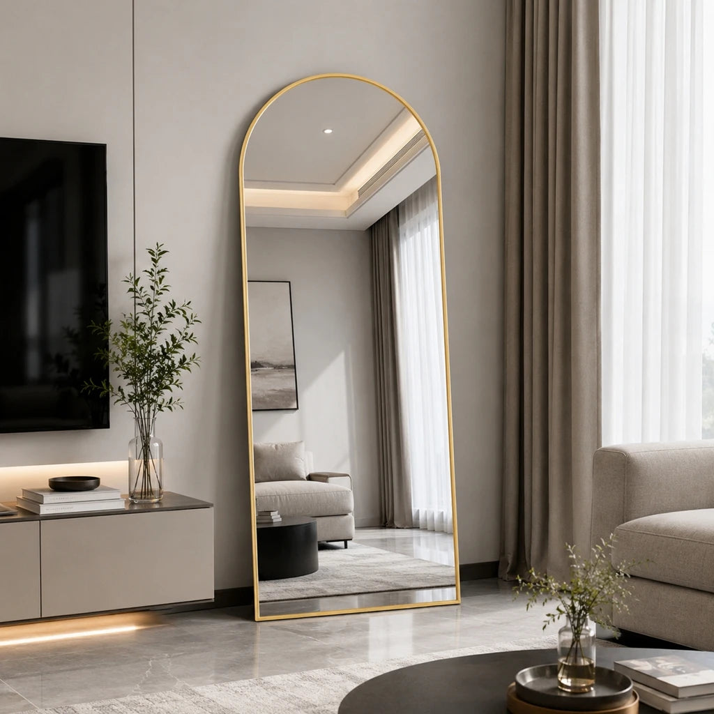 162x53 cm full-length arched mirror, free-standing curved mirror, dressing table mirror with an aluminum alloy frame, free-standing bedroom mirror for leaning or hanging, tempered glass, black/gold