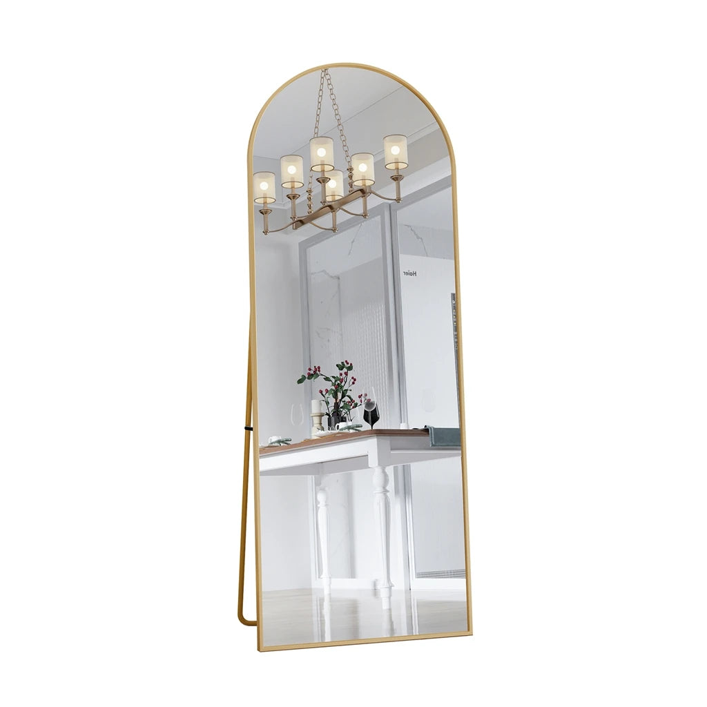 162x53 cm full-length arched mirror, free-standing curved mirror, dressing table mirror with an aluminum alloy frame, free-standing bedroom mirror for leaning or hanging, tempered glass, black/gold