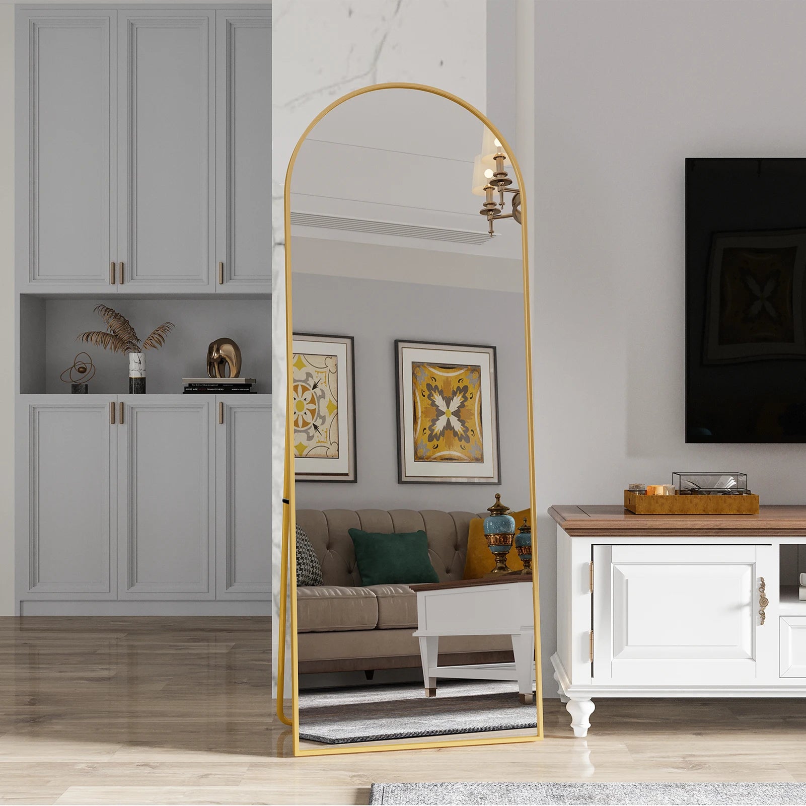 162x53 cm full-length arched mirror, free-standing curved mirror, dressing table mirror with an aluminum alloy frame, free-standing bedroom mirror for leaning or hanging, tempered glass, black/gold