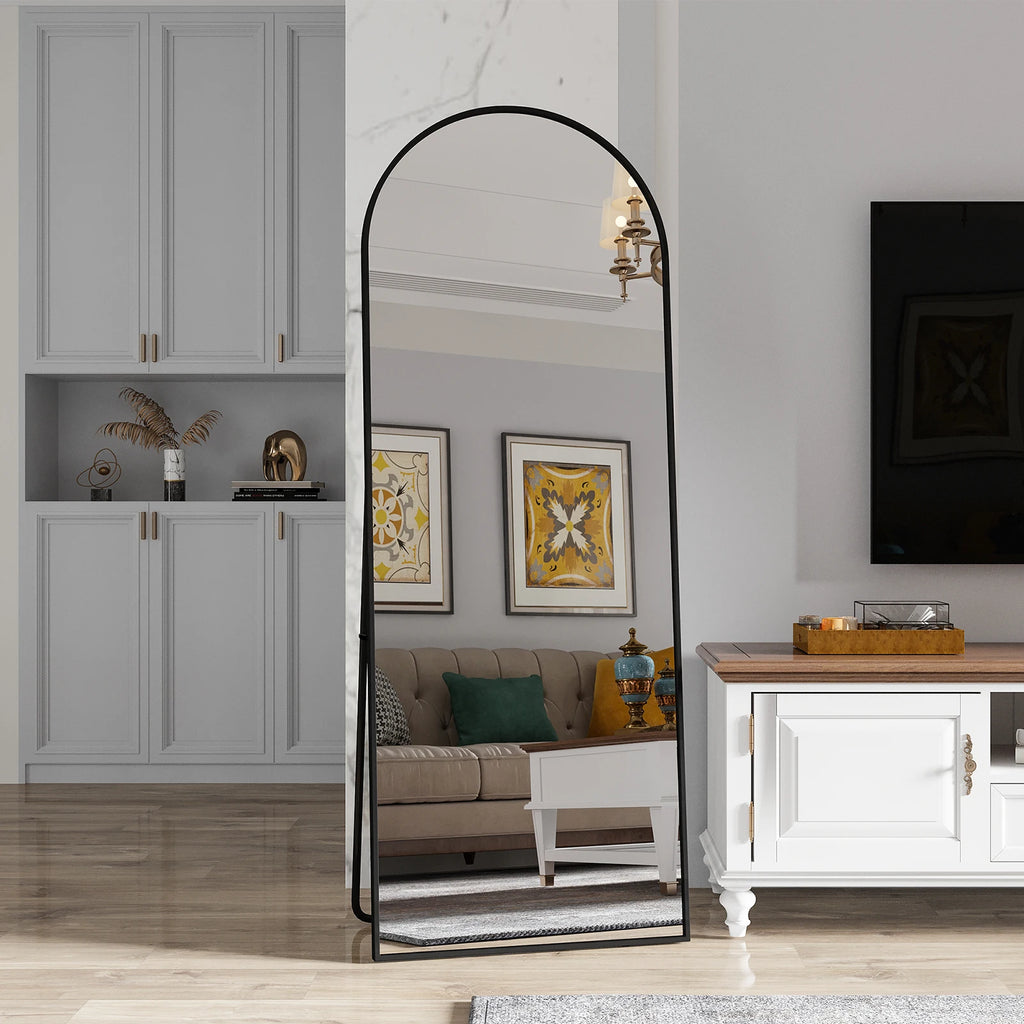 162x53 cm full-length arched mirror, free-standing curved mirror, dressing table mirror with an aluminum alloy frame, free-standing bedroom mirror for leaning or hanging, tempered glass, black/gold