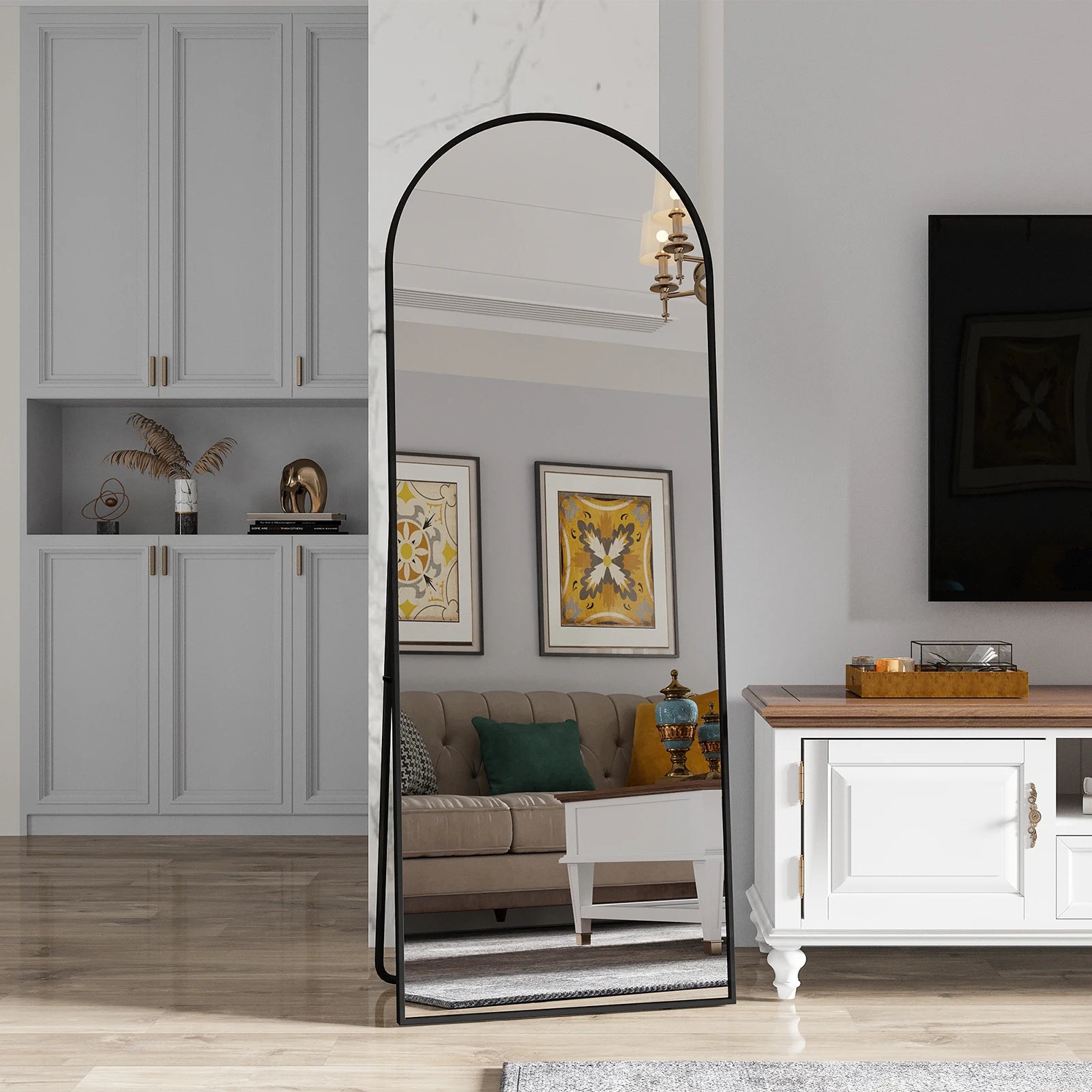 162x53 cm full-length arched mirror, free-standing curved mirror, dressing table mirror with an aluminum alloy frame, free-standing bedroom mirror for leaning or hanging, tempered glass, black/gold