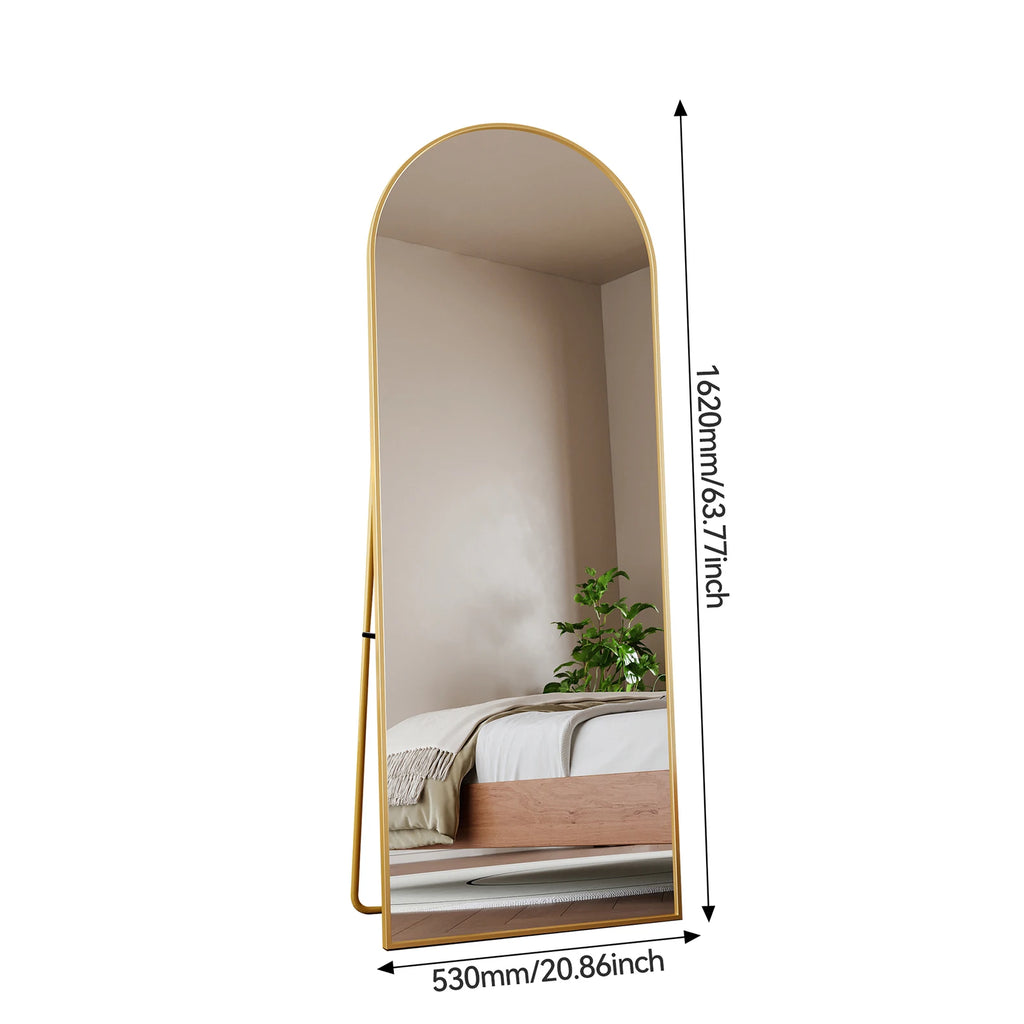 162x53 cm full-length arched mirror, free-standing curved mirror, dressing table mirror with an aluminum alloy frame, free-standing bedroom mirror for leaning or hanging, tempered glass, black/gold