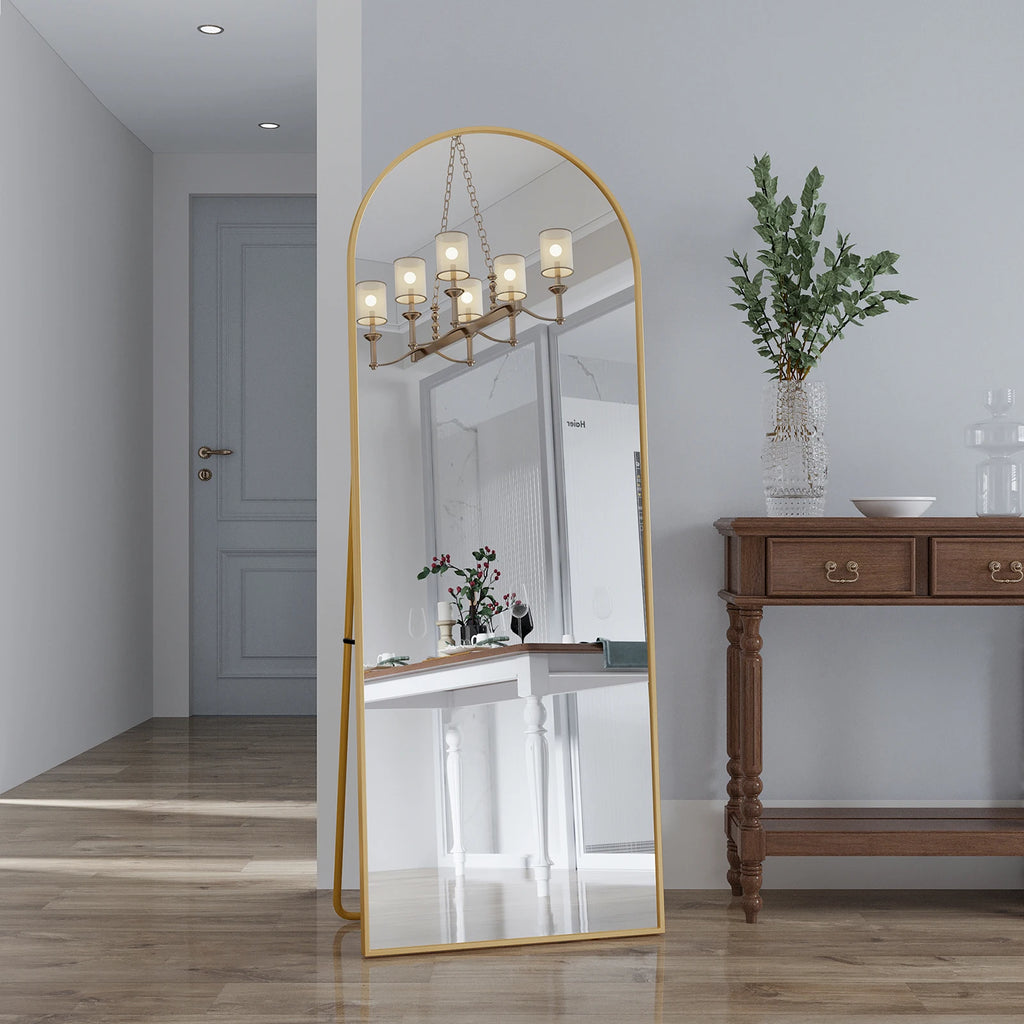 162x53 cm full-length arched mirror, free-standing curved mirror, dressing table mirror with an aluminum alloy frame, free-standing bedroom mirror for leaning or hanging, tempered glass, black/gold