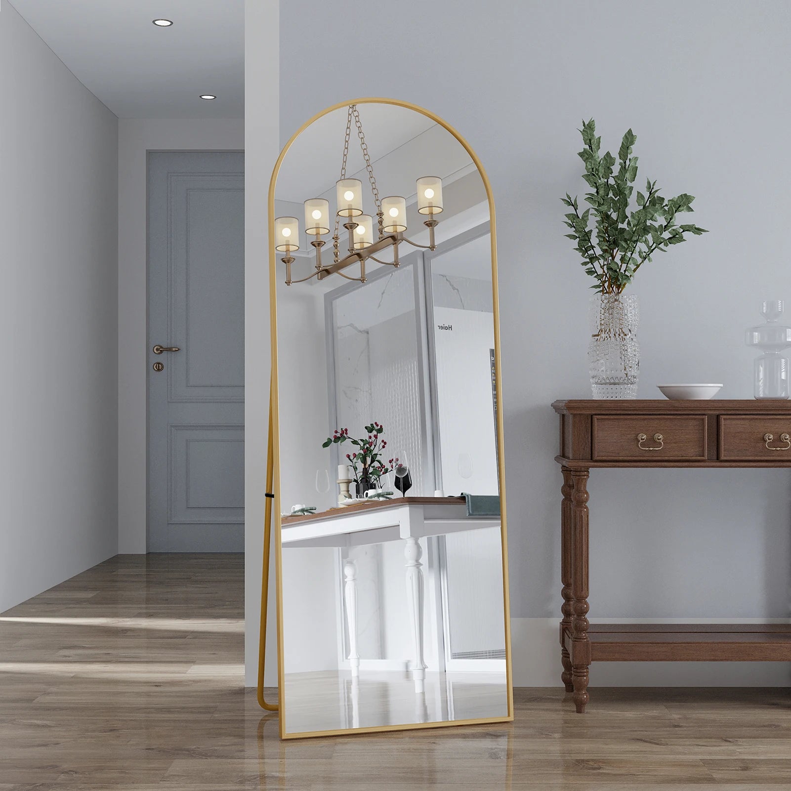 162x53 cm full-length arched mirror, free-standing curved mirror, dressing table mirror with an aluminum alloy frame, free-standing bedroom mirror for leaning or hanging, tempered glass, black/gold