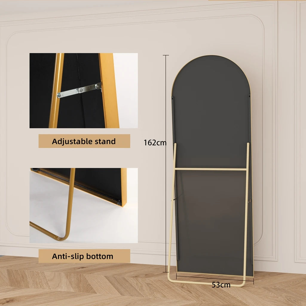 162x53 cm full-length arched mirror, free-standing curved mirror, dressing table mirror with an aluminum alloy frame, free-standing bedroom mirror for leaning or hanging, tempered glass, black/gold