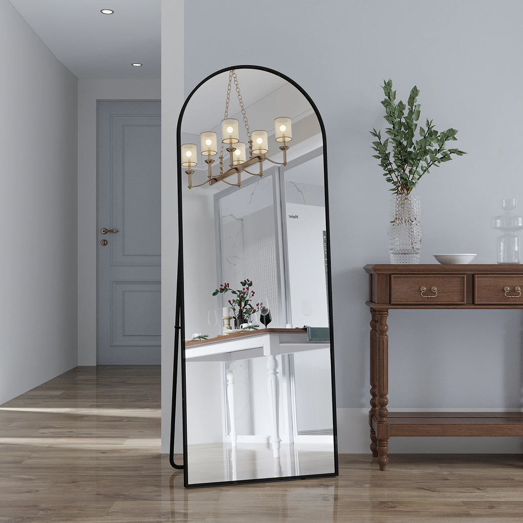 162x53 cm full-length arched mirror, free-standing curved mirror, dressing table mirror with an aluminum alloy frame, free-standing bedroom mirror for leaning or hanging, tempered glass, black/gold