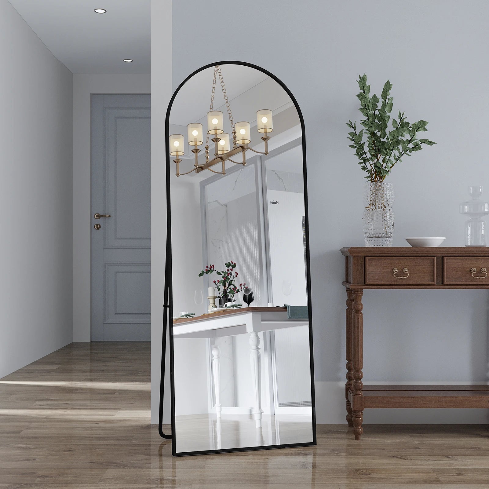 162x53 cm full-length arched mirror, free-standing curved mirror, dressing table mirror with an aluminum alloy frame, free-standing bedroom mirror for leaning or hanging, tempered glass, black/gold